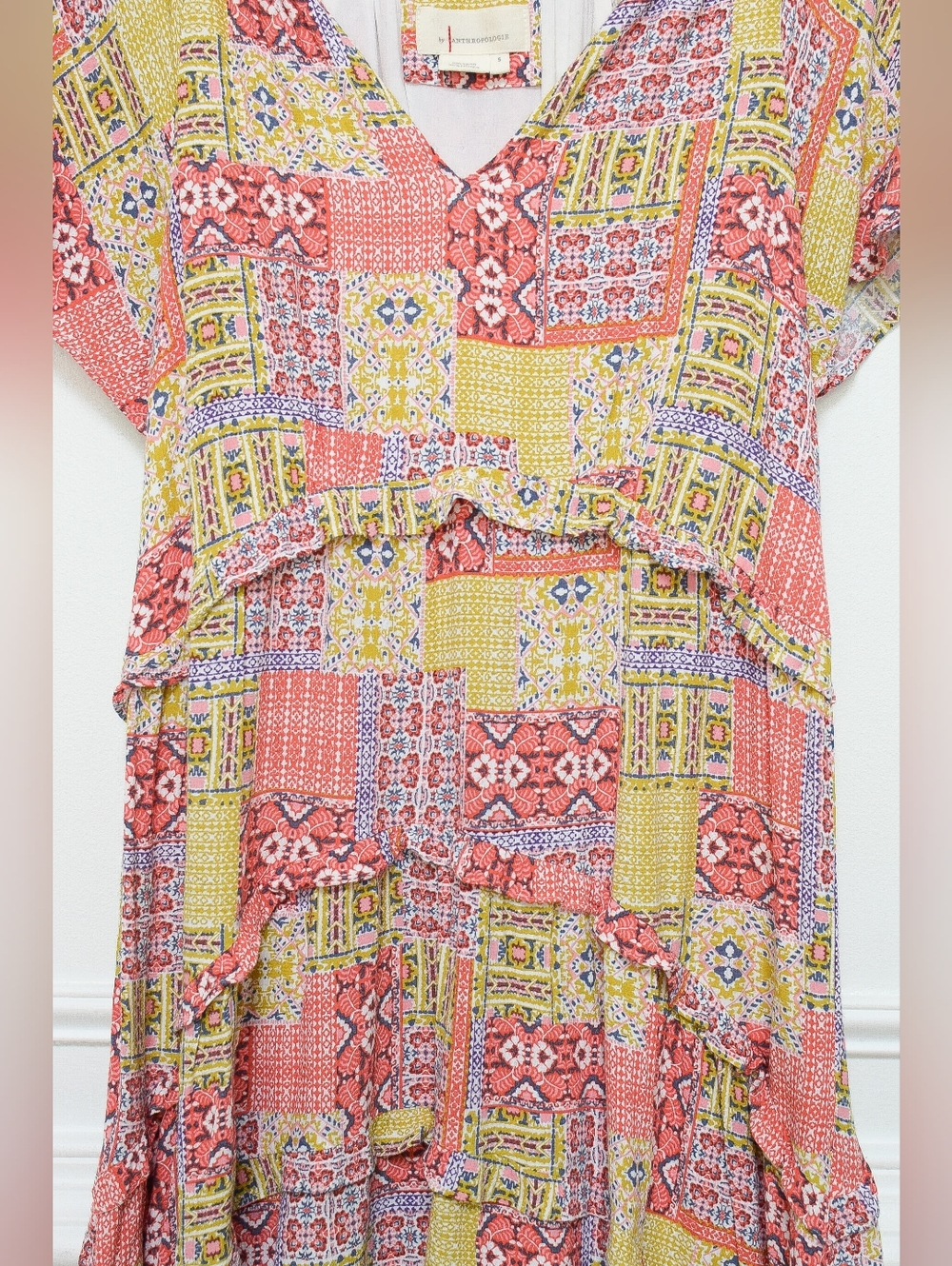 Anthropologie Robin Floral Patchwork Tiered Mini Dress Size S Boho Eclectic - Picture 6 of 10
